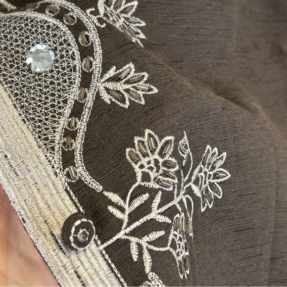 SilkLand 100% Silk 2X Brown Cream Tunic Embroidery Beading Boho Natural Elegant - Picture 7 of 13